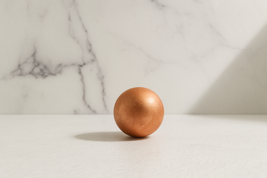 Polished copper sphere resting on a white textured surface with a soft marble background
