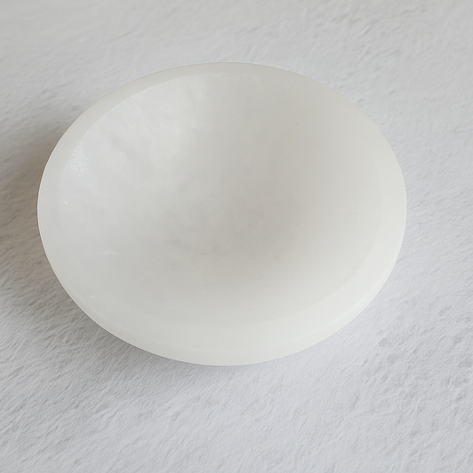 White round selenite bowl with smooth polished interior on a soft light background