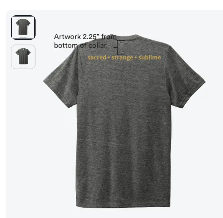 Gray tri-blend T-shirt with ‘sacred • strange • sublime’ printed in gold across the upper back