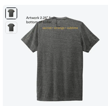 Gray tri-blend T-shirt with ‘sacred • strange • sublime’ printed in gold across the upper back
