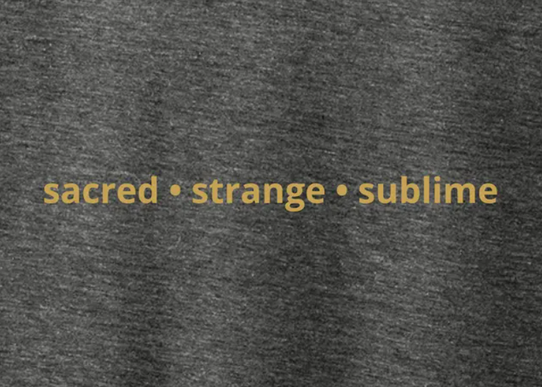Close-up of the gold ‘sacred • strange • sublime’ mantra printed on the back of the gray tri-blend T-shirt