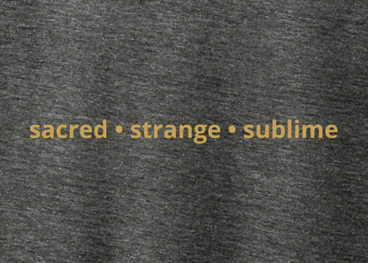 Close-up of the gold ‘sacred • strange • sublime’ mantra printed on the back of the gray tri-blend T-shirt