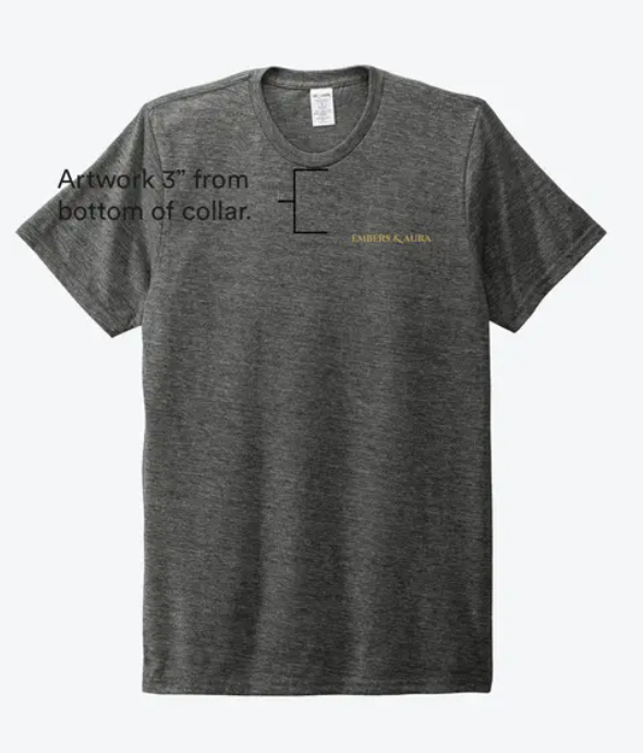 Gray tri-blend Embers & Aura T-shirt with the gold logo printed on the left chest