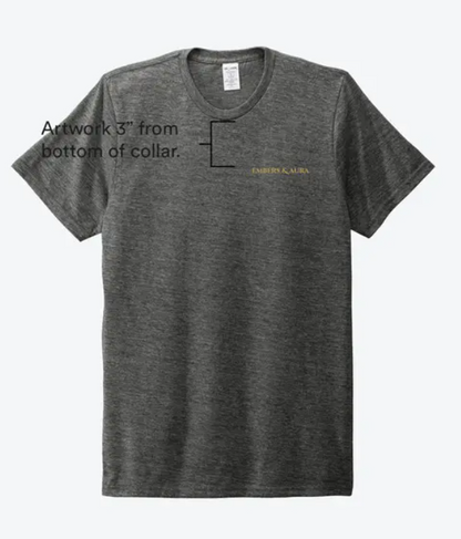 Gray tri-blend Embers & Aura T-shirt with the gold logo printed on the left chest