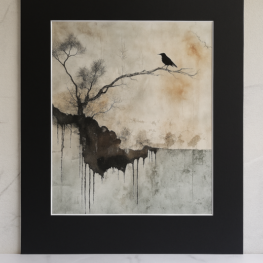 A matted 8×10 Wabi-Sabi art print featuring a perched black bird on a bare branch with soft earth-toned textures, displayed in an 11×14 black mat